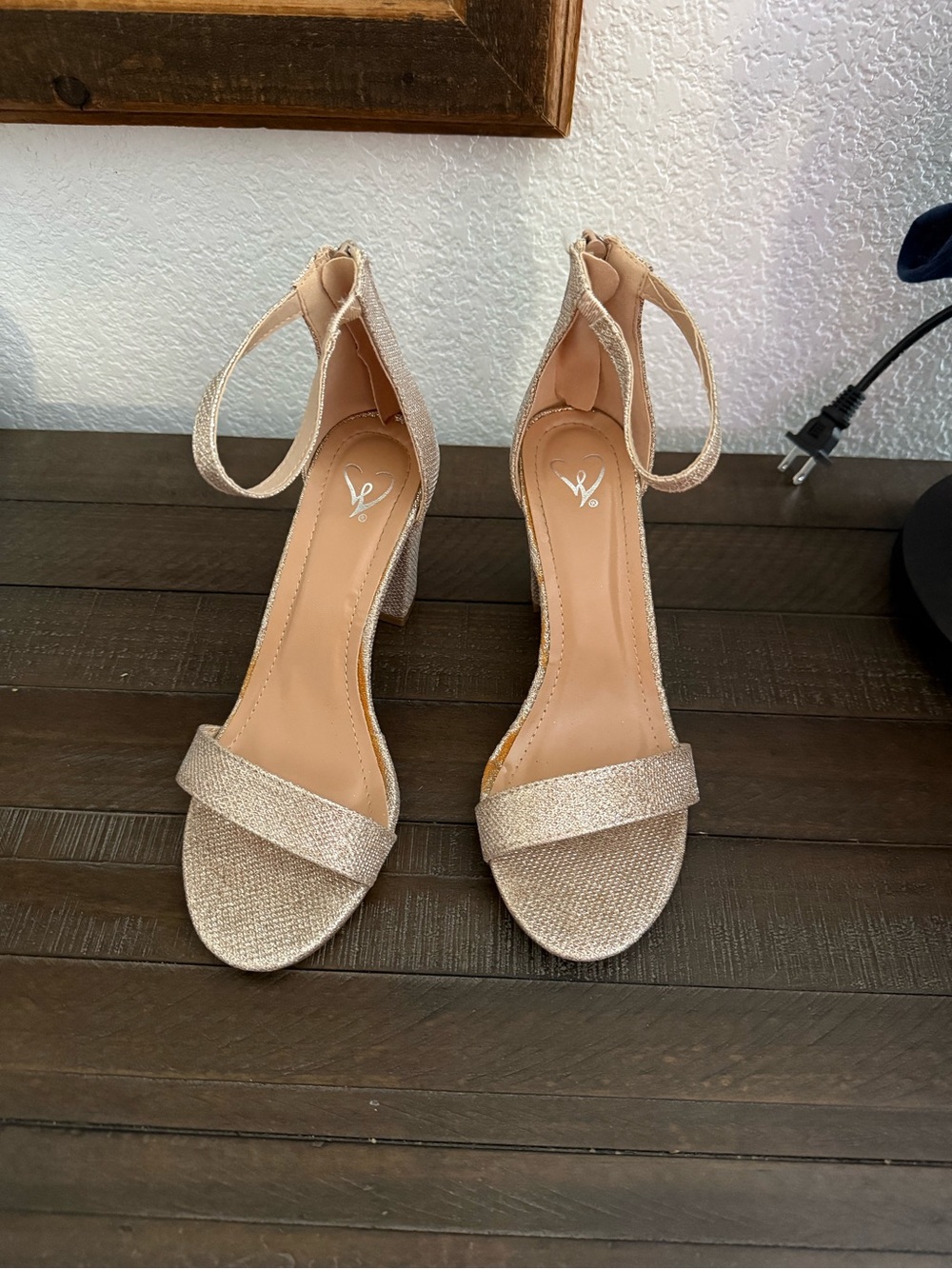 Windsor Glitter Ankle-Strap Block Heel Sandals in Champagne Gold